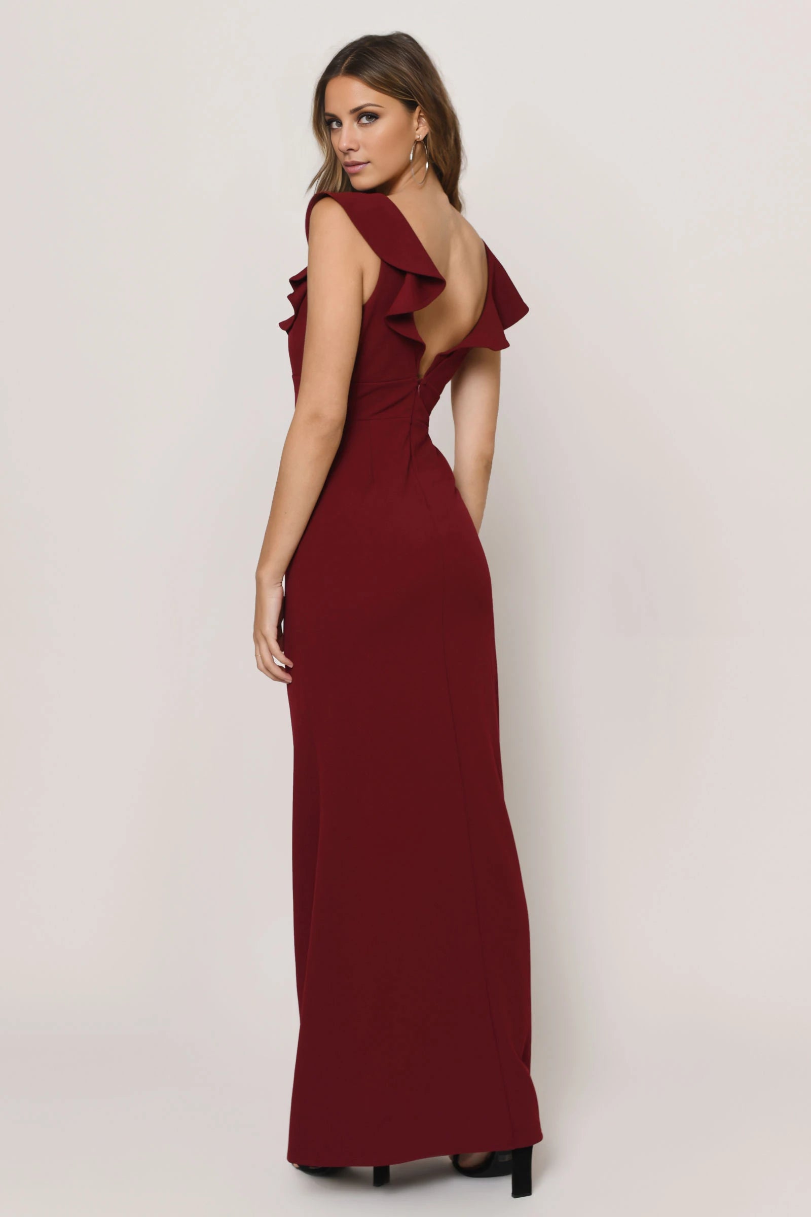V-neck short sleeved ruffled hem backless split and floor length Prom dress